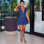 Pleated Denim Mini Dress, V-Neck