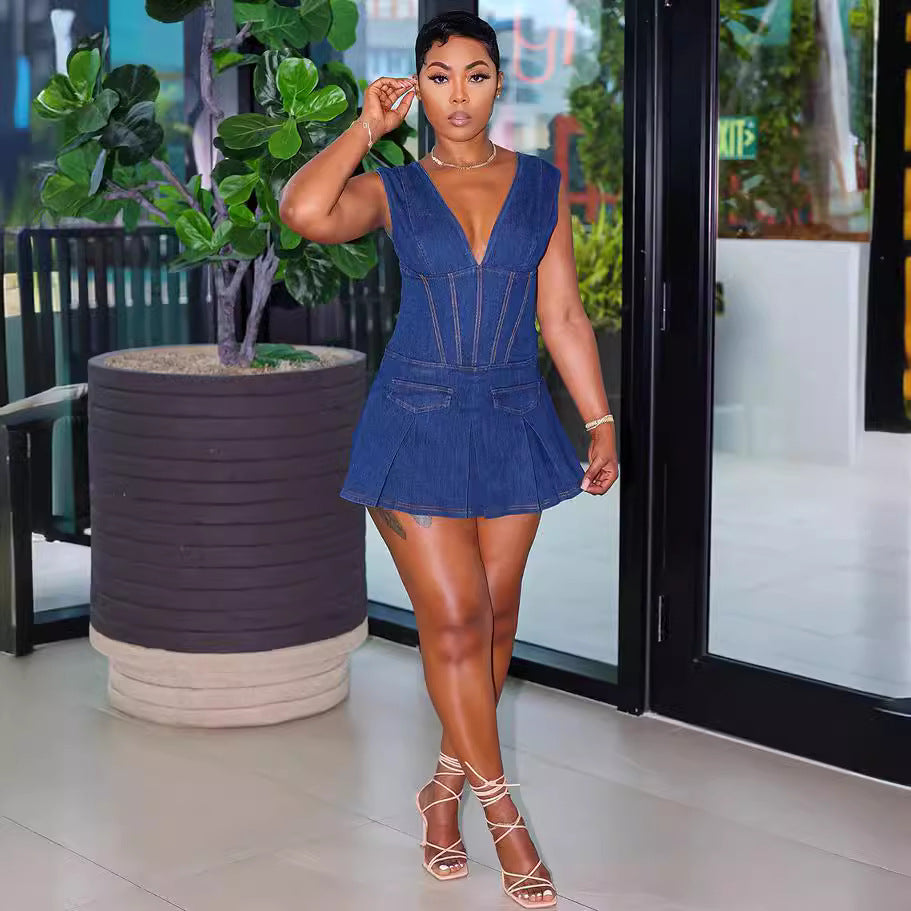 Pleated Denim Mini Dress, V-Neck