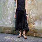 Satin Petal-Ruffle Pleated Midi Skirt for Women