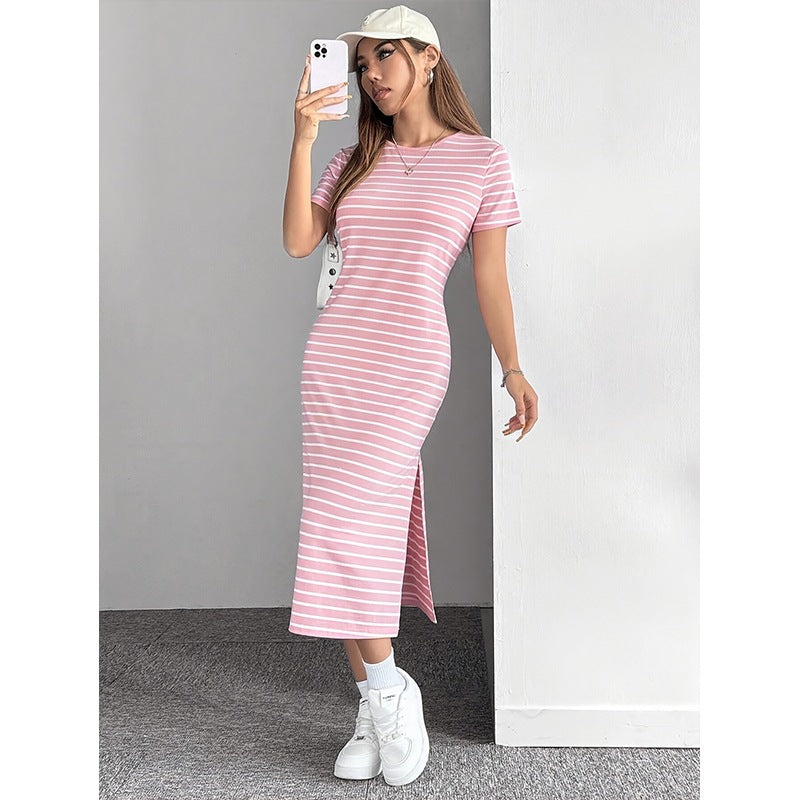 Zebra-Stripe High-Slit Midi Dress Main image