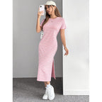 Zebra-Stripe High-Slit Midi Dress for Women, Round Neck Short Sleeve
