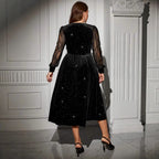 round neck long sleeves midi dress with lace detailing for women