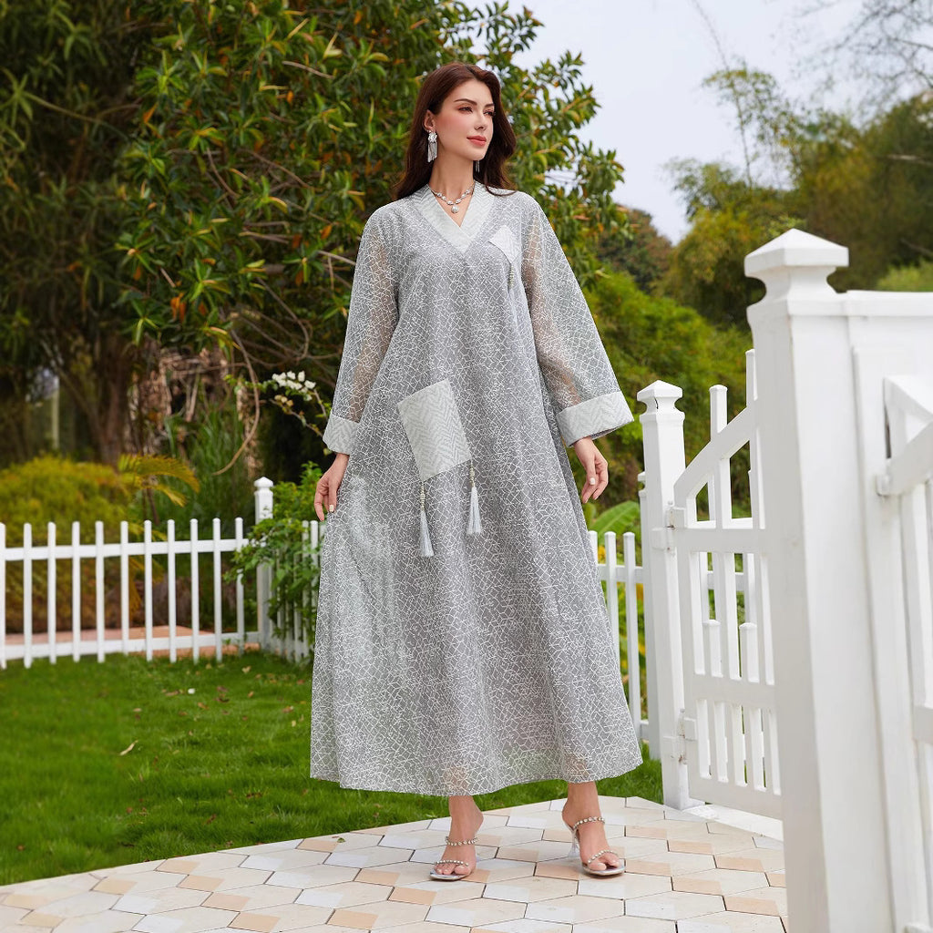 Mesh Tassel Long-Sleeve Maxi Dress