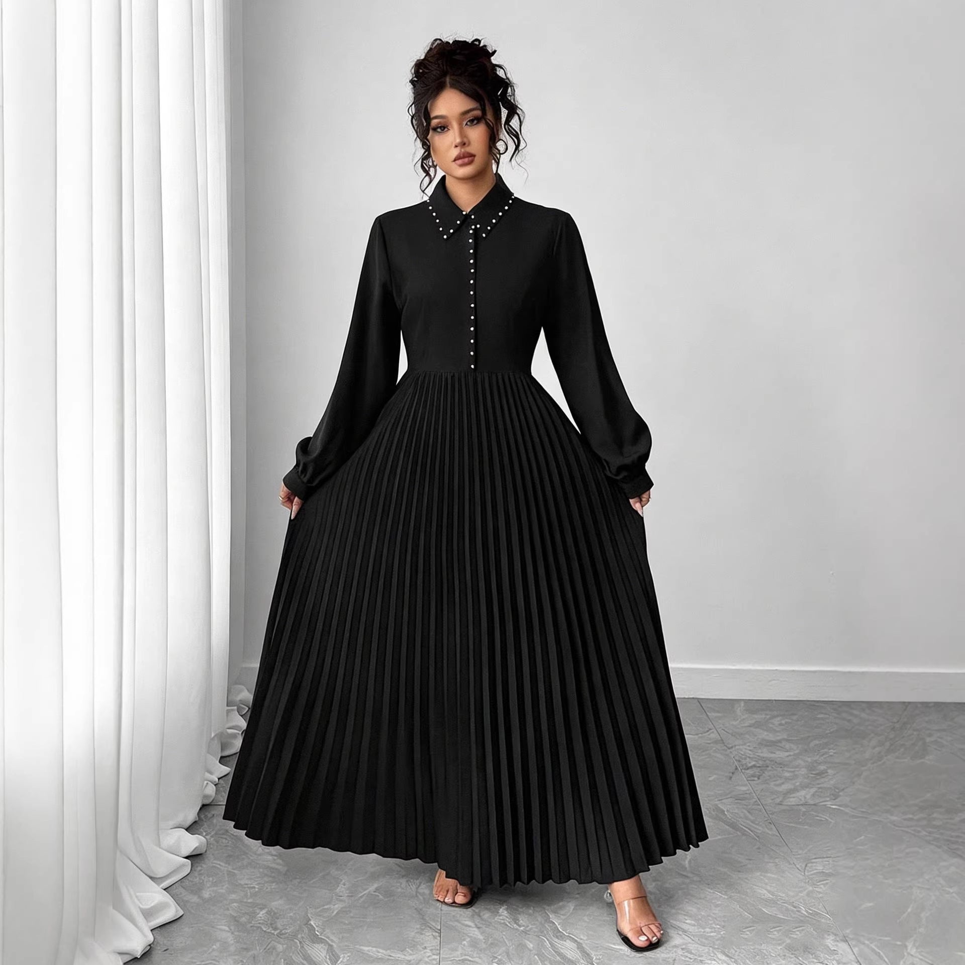 Black Pleated Long-Sleeve Maxi Dress, Plus Size Secondary image