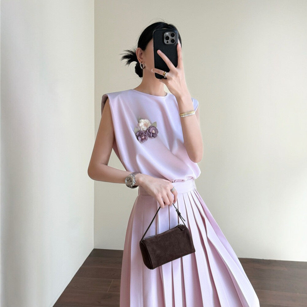 Sleeveless Vest and Pleated Midi Skirt Two-Piece Set for Women