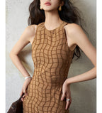 Shiny Fringe Checkered Maxi Dress for Women, Waist-Cinching
