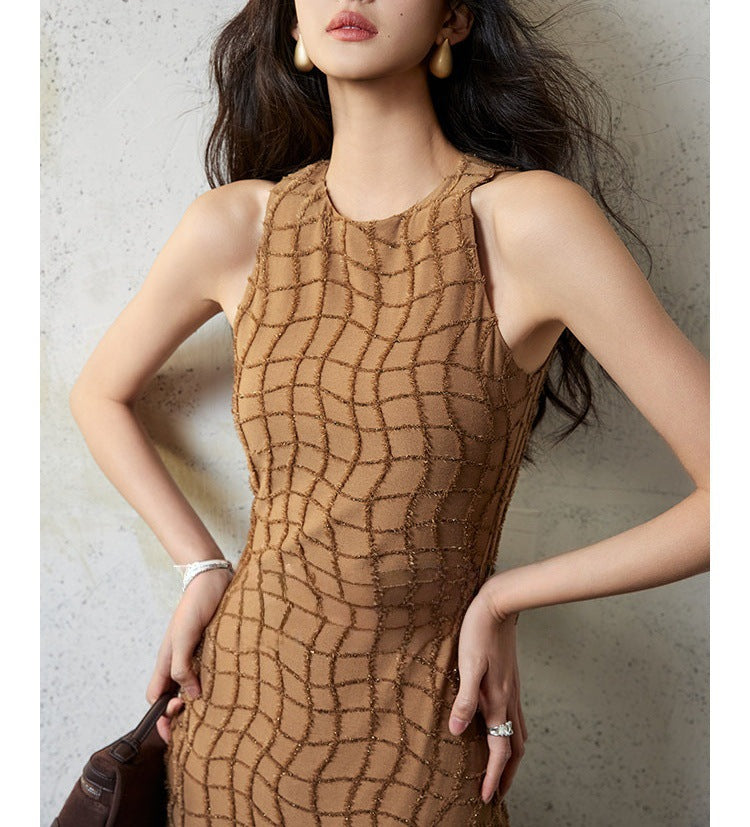 Shiny Fringe Checkered Maxi Dress for Women, Waist-Cinching