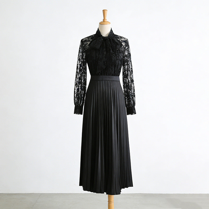 Tie-Neck High-Waist Pleated Maxi Dress