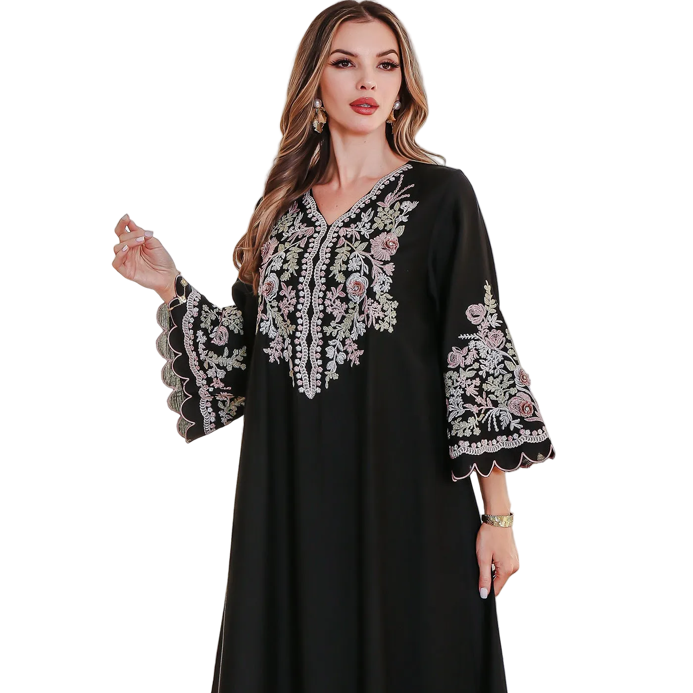 Embroidered Floral Robe Maxi Dress for women with V neck and long sleeves Main image