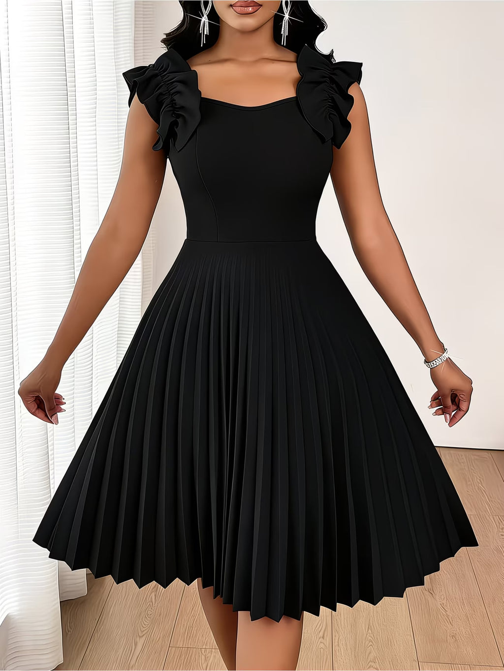 Pleated Square-Neck Plus-Size Dress, Black
