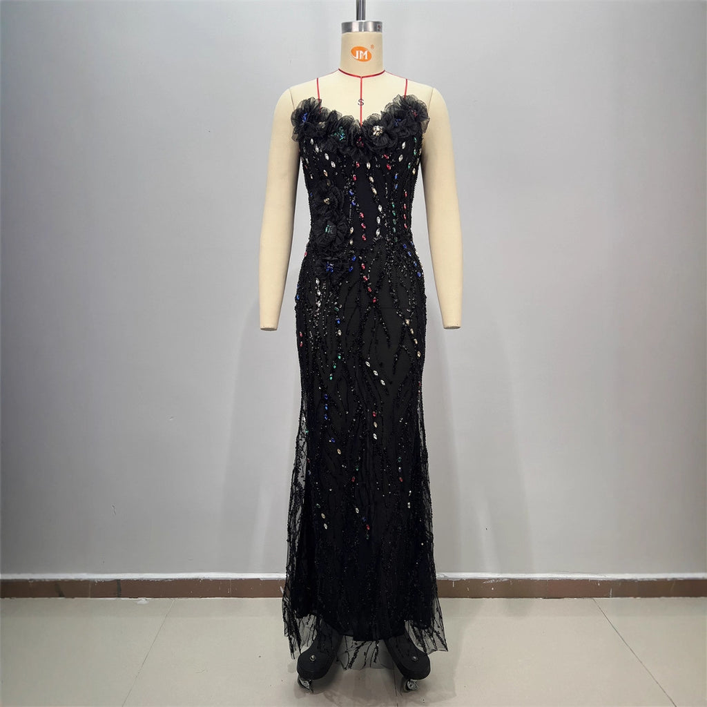 One-Shoulder Sequin Mermaid Evening Gown in Black