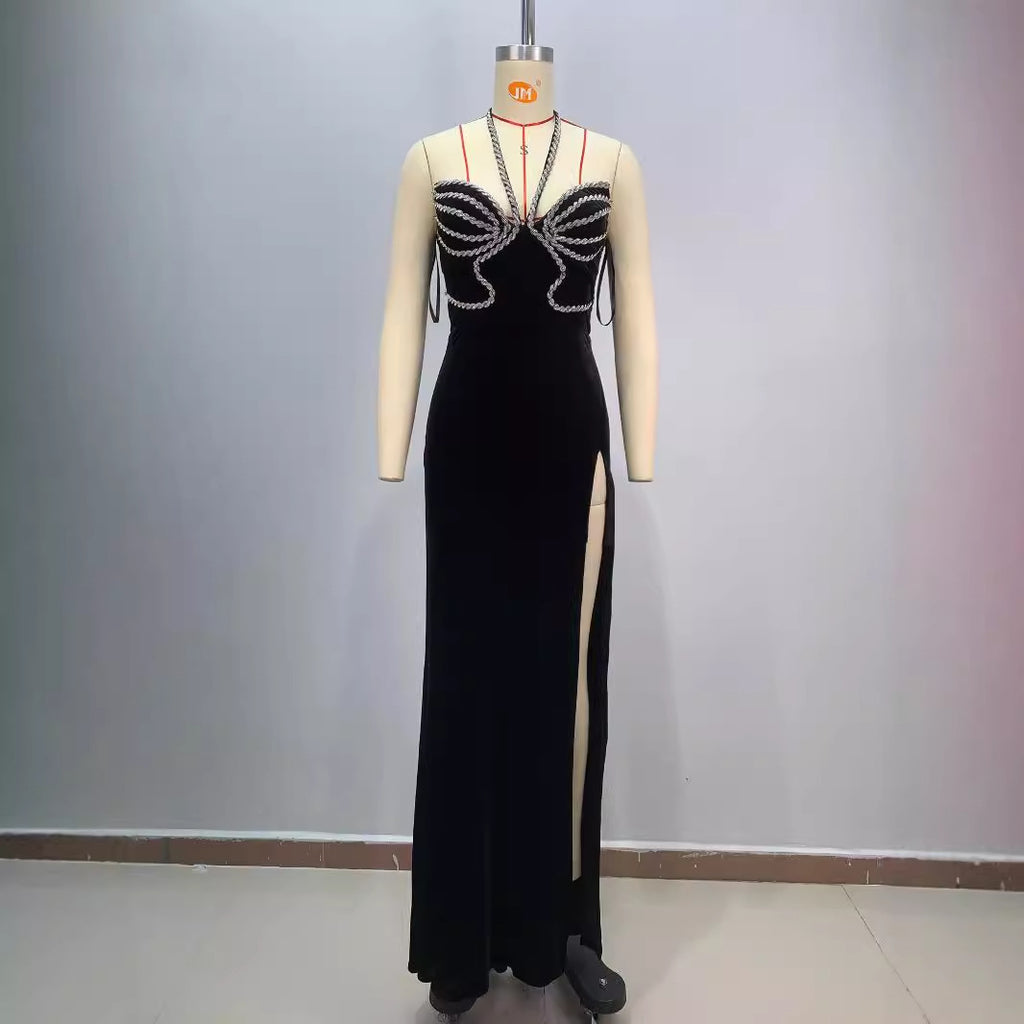 Diamond-Studded Strapless Backless Slit Maxi Dress for Women
