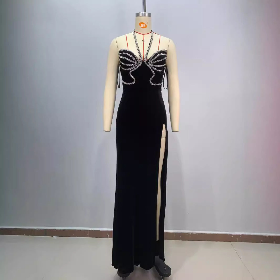 Diamond-Studded Strapless Backless Slit Maxi Dress for Women