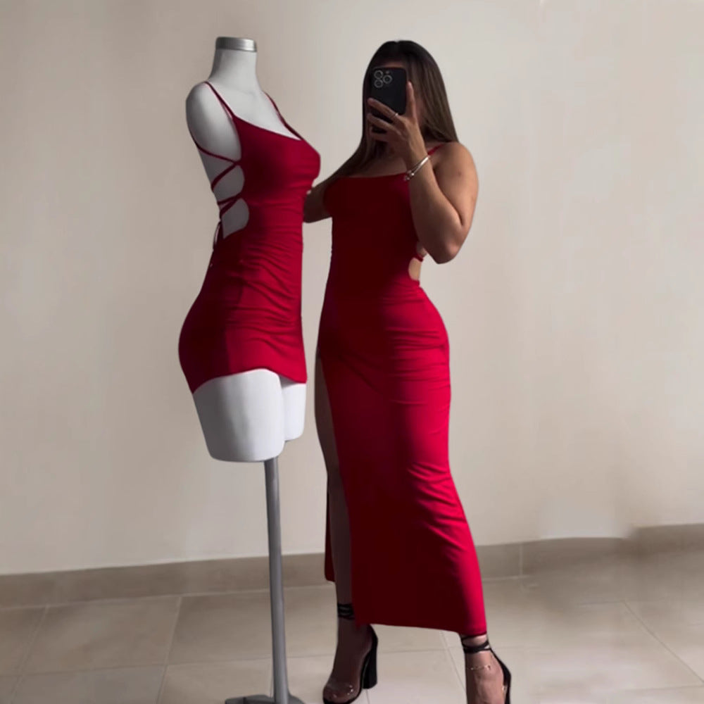 Backless Bodycon Maxi Dress for Women, Strappy Side Slit