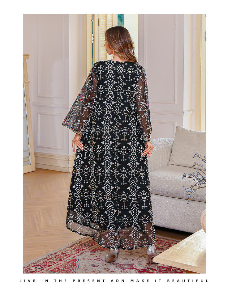 Embroidered V-Neck Abaya Maxi Dress