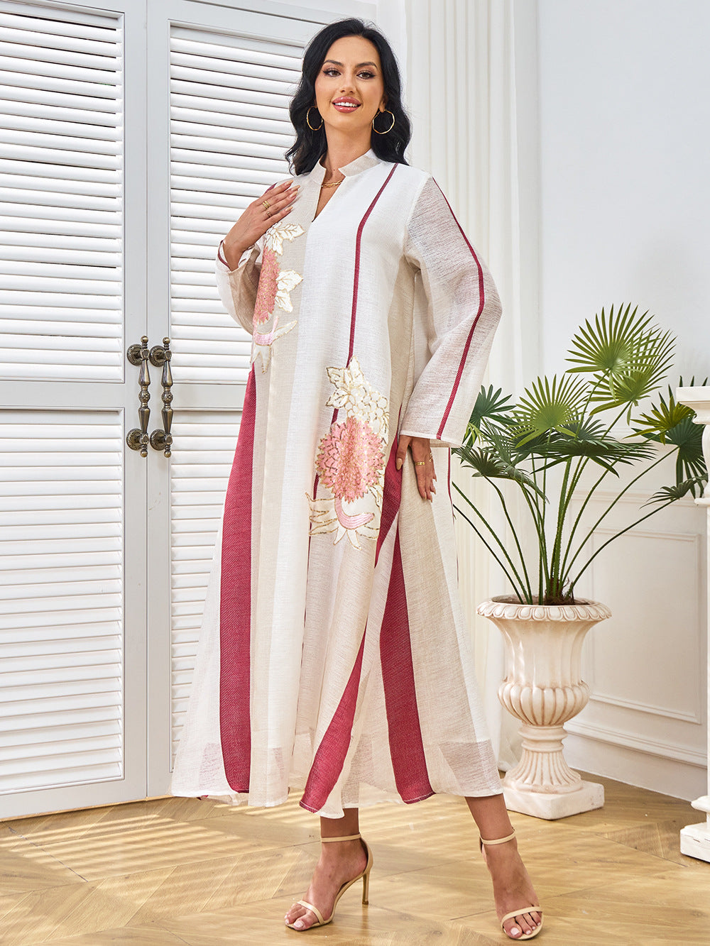Embroidered Sequin Long-Sleeve Maxi Dress
