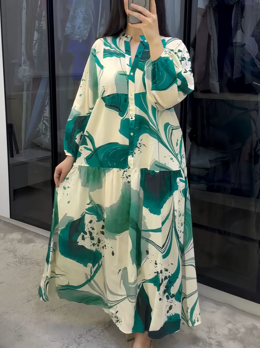 Printed V-Neck Long-Sleeve Loose Maxi Dress