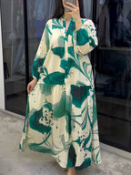 Printed V-Neck Long-Sleeve Loose Maxi Dress