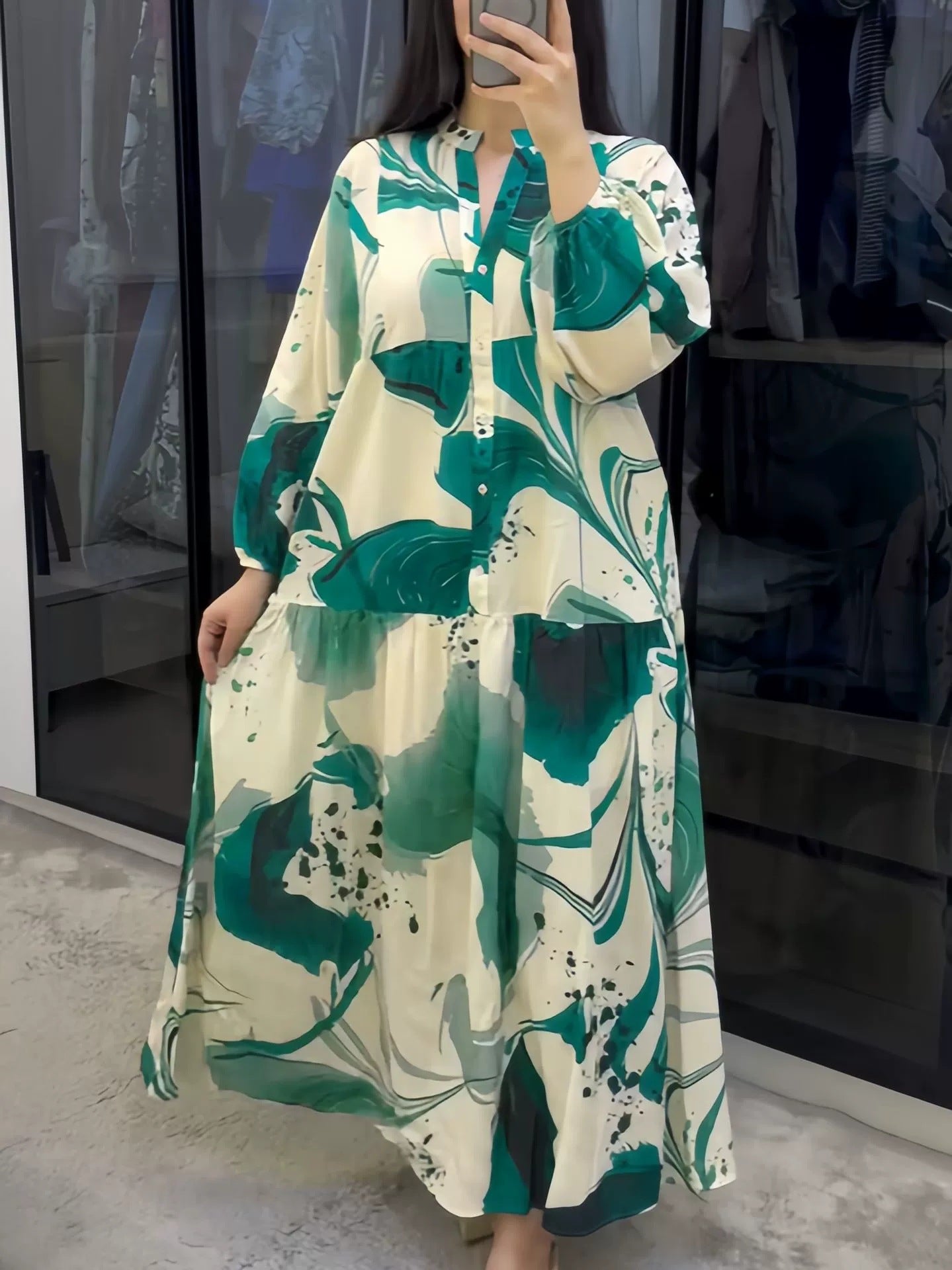 Printed V-Neck Long-Sleeve Loose Maxi Dress