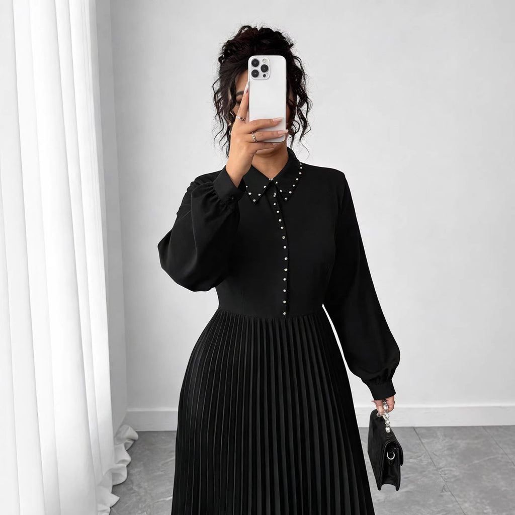 Black Pleated Long-Sleeve Maxi Dress, Plus Size