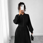 Black Pleated Long-Sleeve Maxi Dress, Plus Size