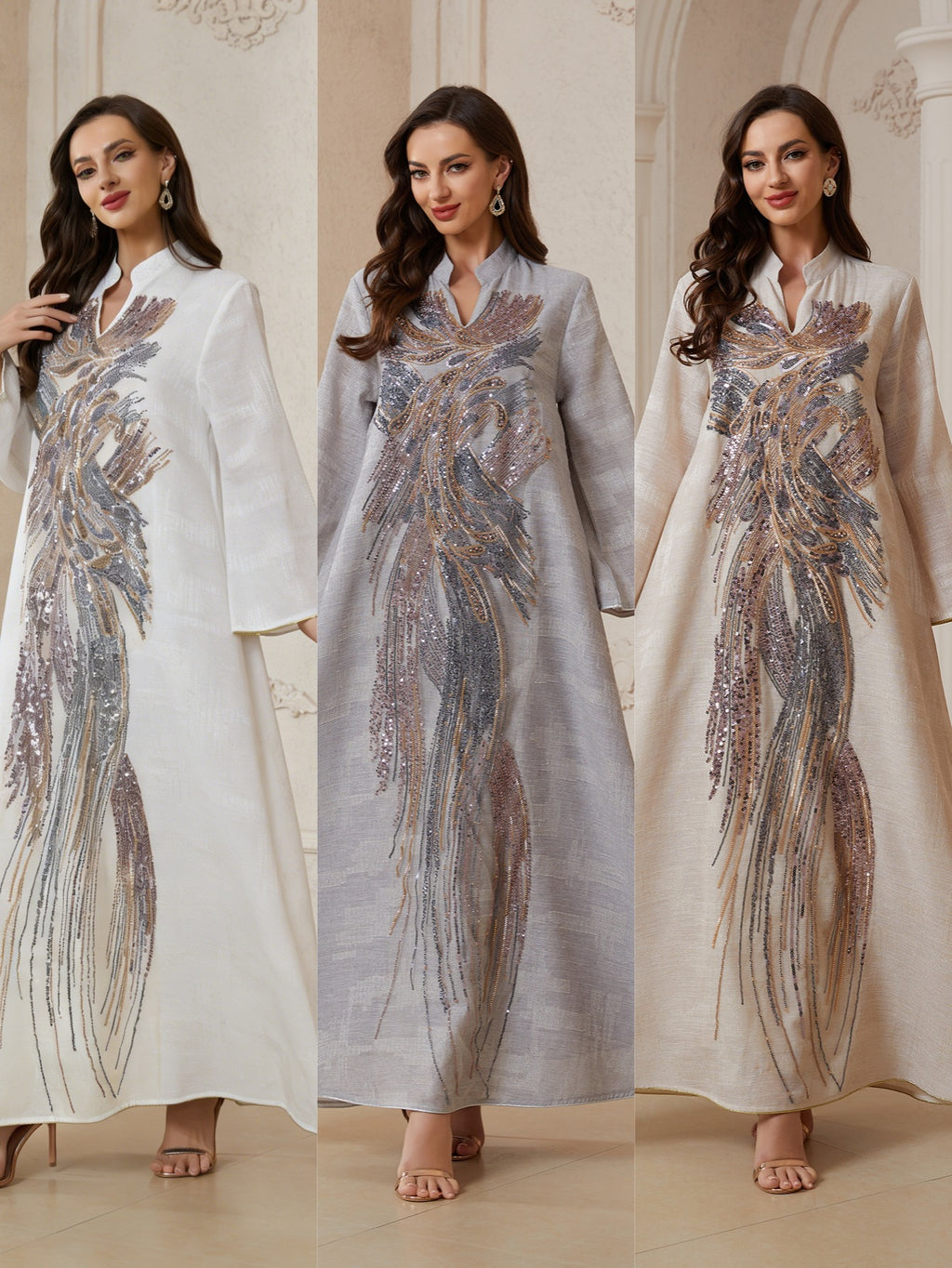 Beaded Mesh Long-Sleeve Maxi Dress