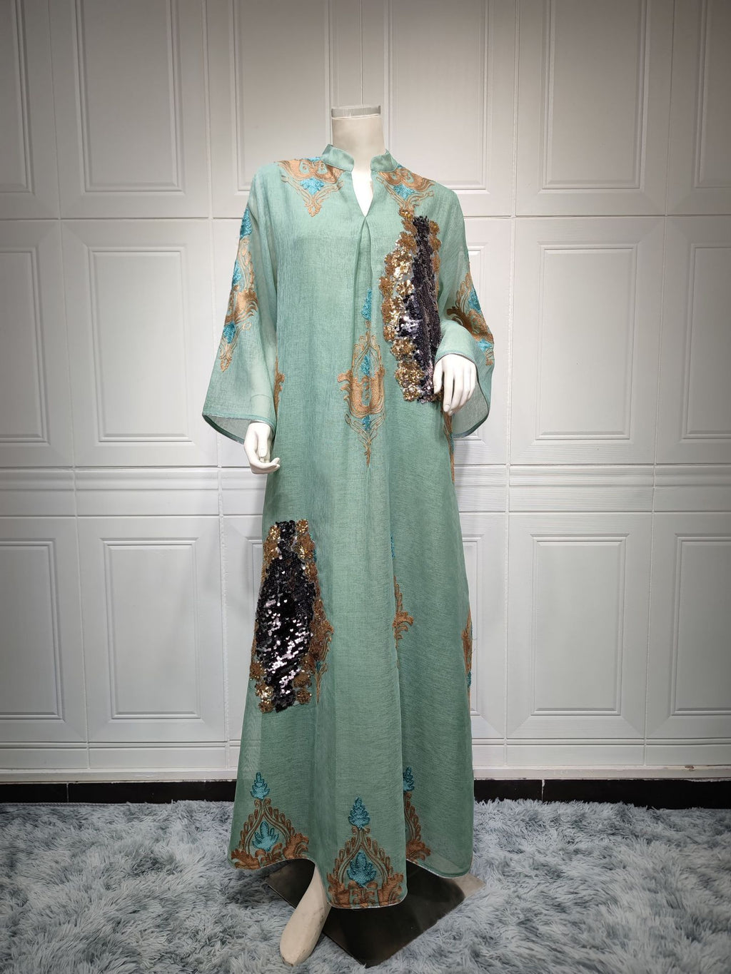 Beaded Sequin Long-Sleeve Evening Gown