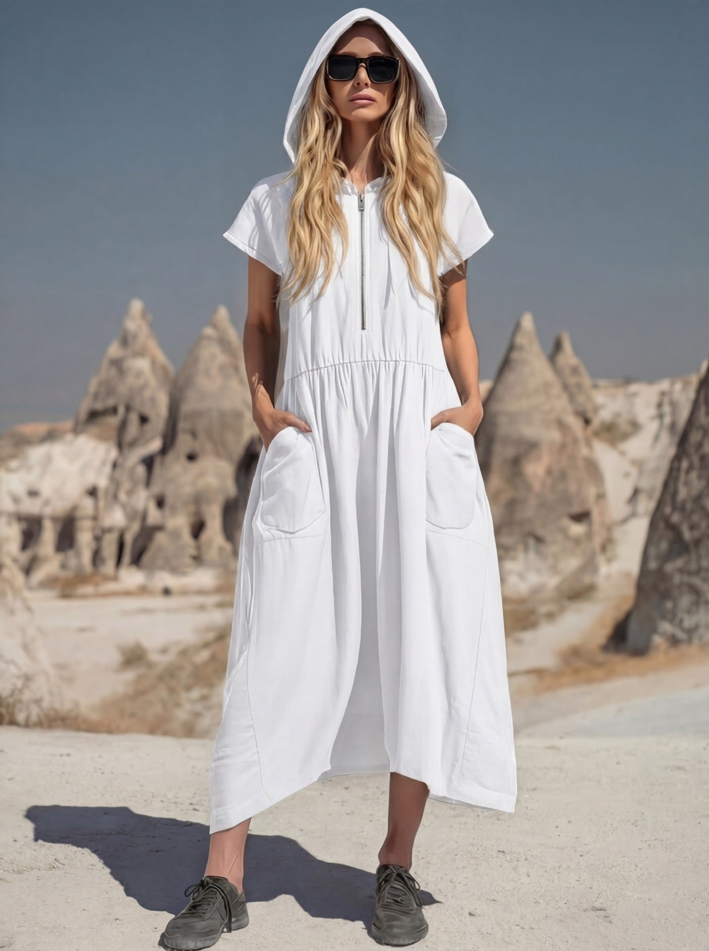 Vintage Cotton-Linen Hooded Half-Zip Midi Dress for Women