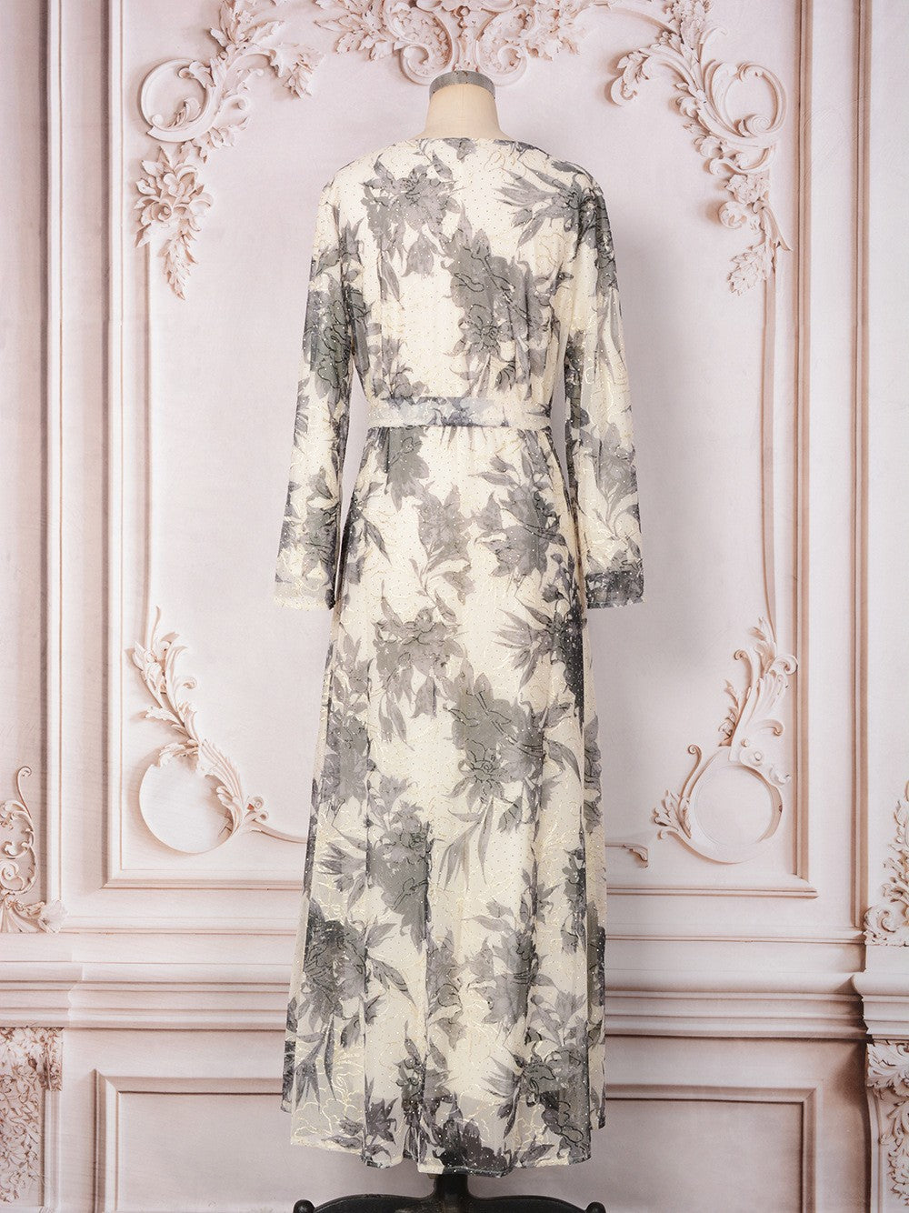 V-Neck Lace-Up Long-Sleeve Maxi Dress