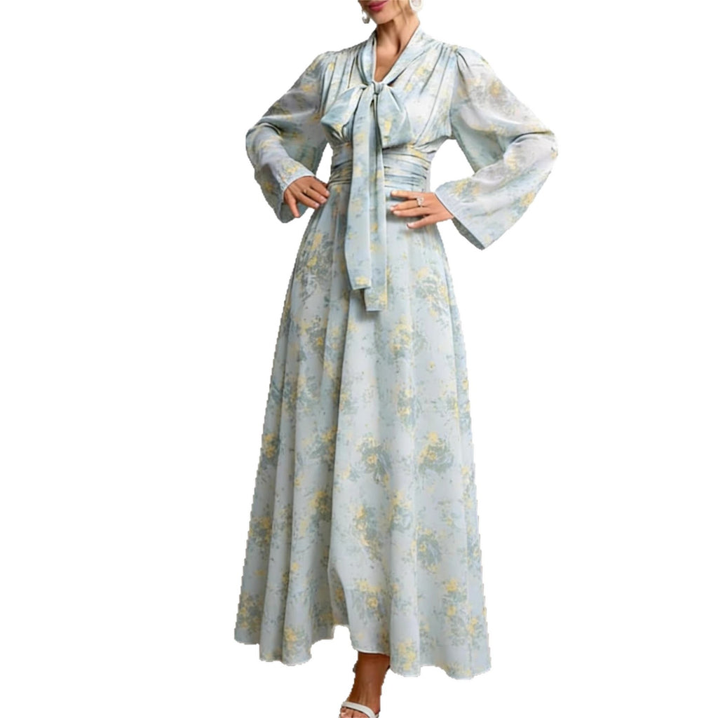 Elegant Floral Long-Sleeve Maxi Dress with Tie Waist for Women