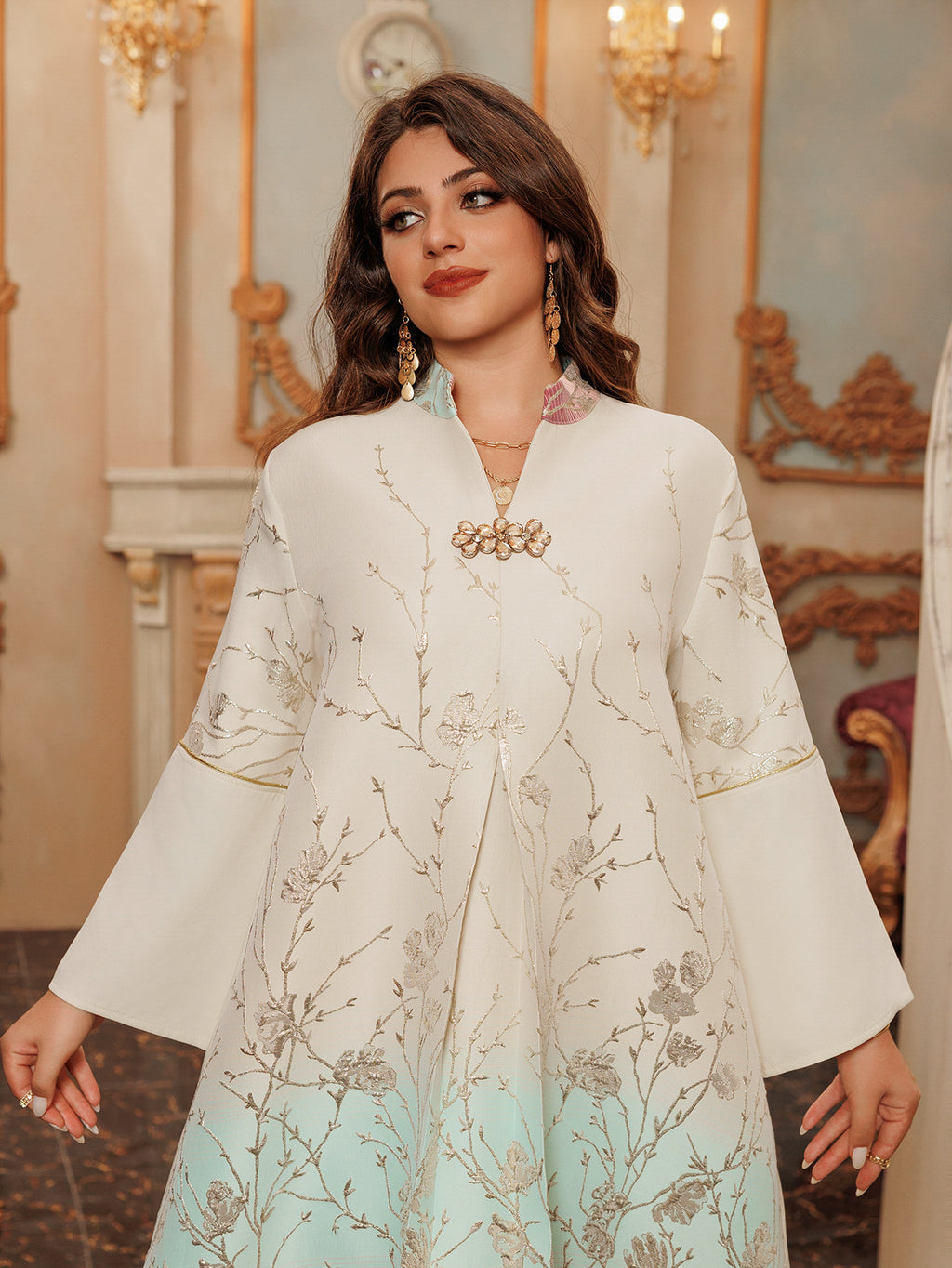 Embroidered Lace-Up Maxi Dress