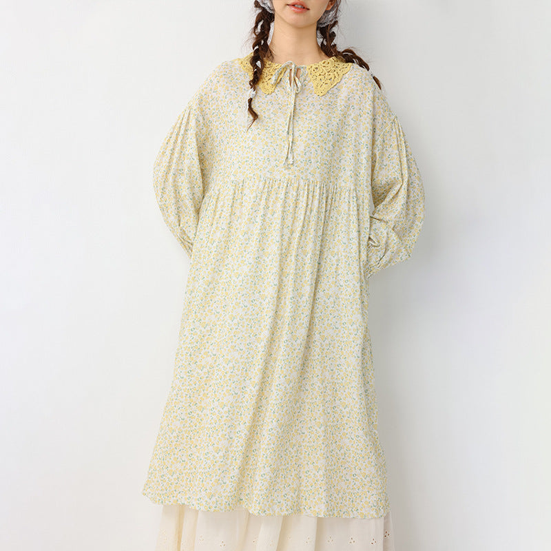 Floral Lace-Up Peter Pan Collar Maxi Dress for Women, Long Sleeve