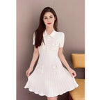 Knitted Diamond-Button Flip Collar Short Sleeve Dress for Women