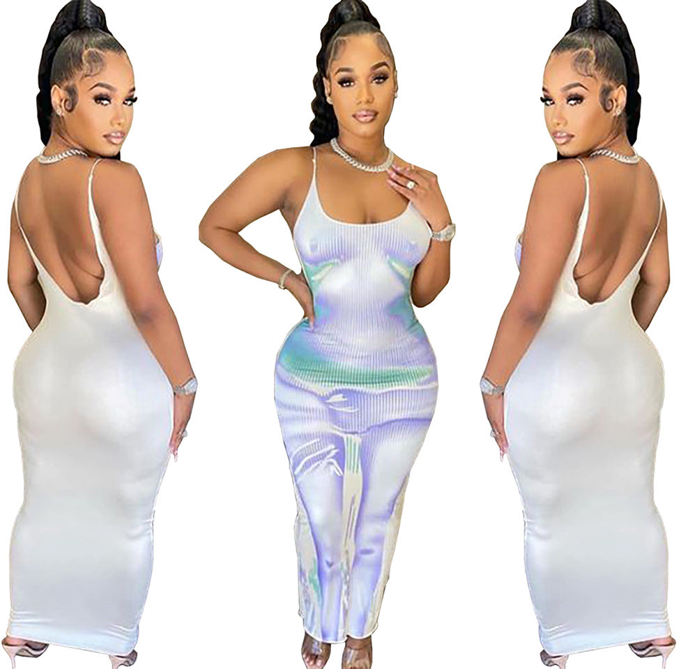 Printed Backless Strap Maxi Dress