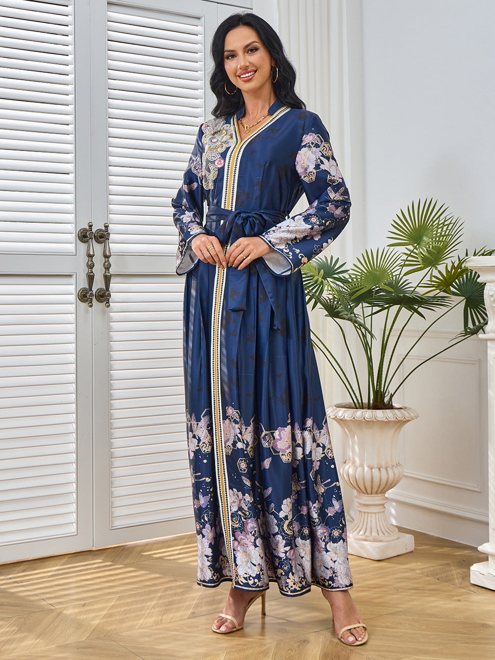Lace-Up Long-Sleeve Maxi Dress