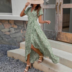 Floral V-Neck Maxi Dress, Irregular Hem