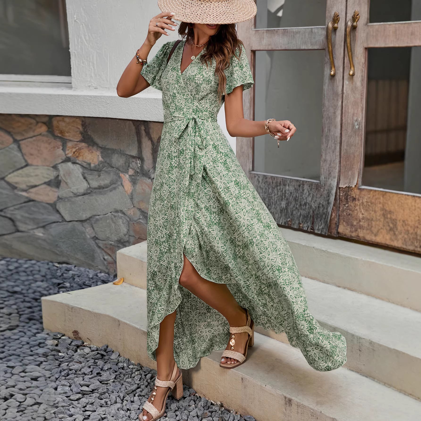 Floral V-Neck Maxi Dress, Irregular Hem