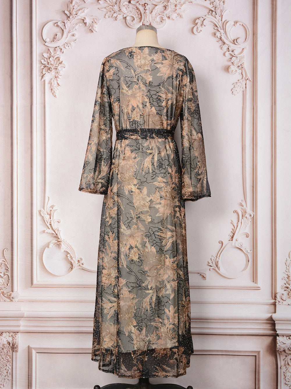V-Neck Lace-Up Long-Sleeve Maxi Dress