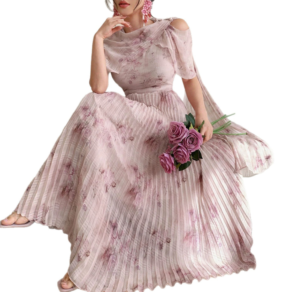 Printed Pleated Maxi Dress, Ruffle Sleeve