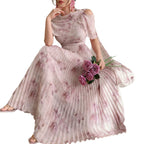 Printed Pleated Maxi Dress, Ruffle Sleeve