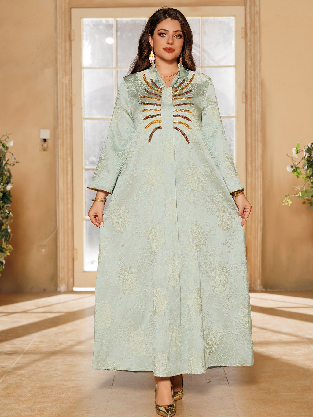 Embroidered V-Neck Maxi Dress