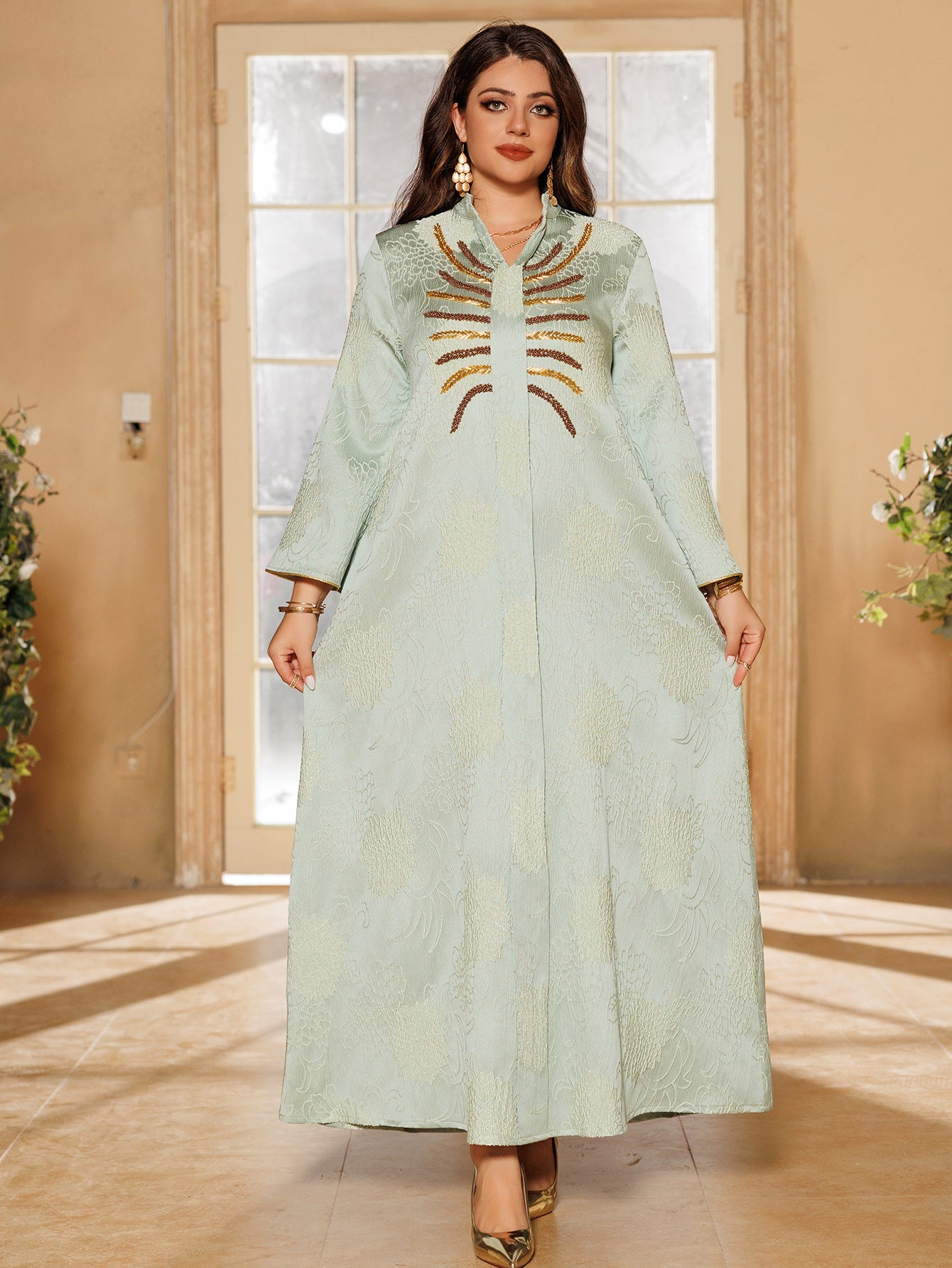 Embroidered V-Neck Maxi Dress