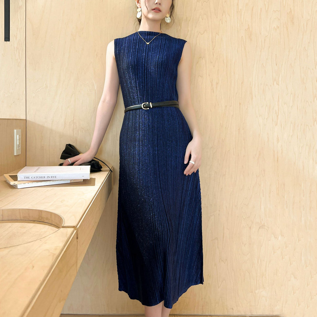Pleated Shiny Satin Maxi Dress for Women, Sleeveless A-Line
