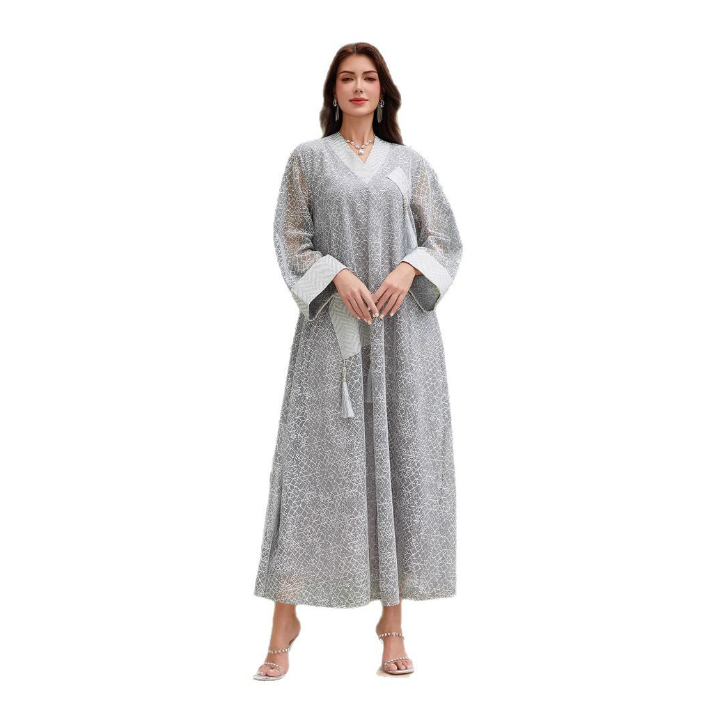 Mesh Tassel Long-Sleeve Maxi Dress