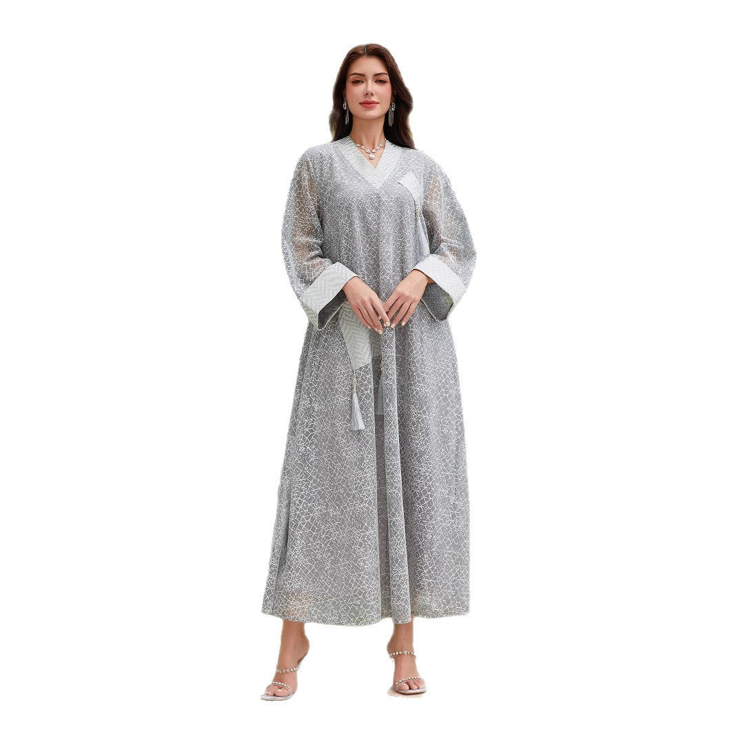 Mesh Tassel Long-Sleeve Maxi Dress