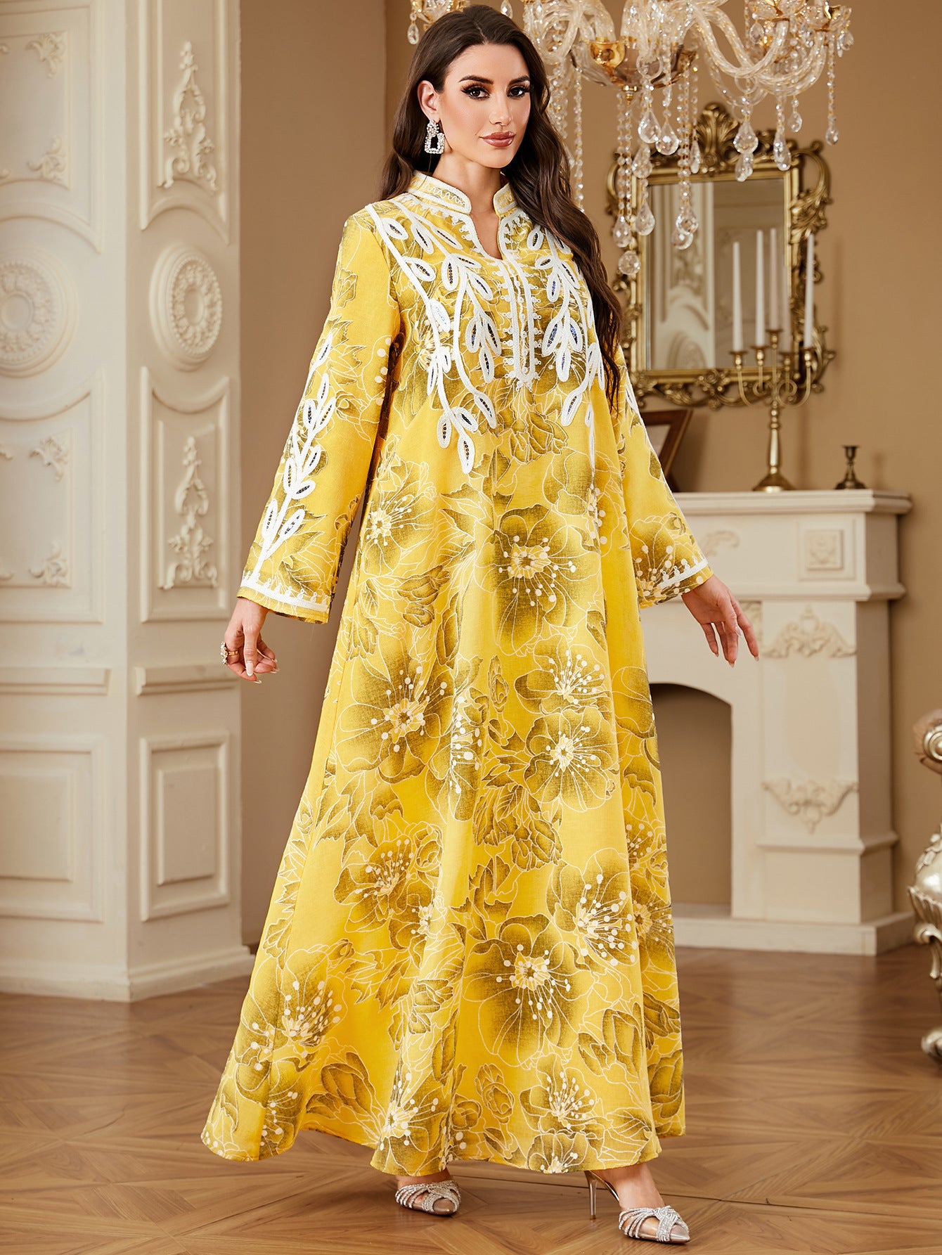 Yellow Embroidered Robe Maxi Dress