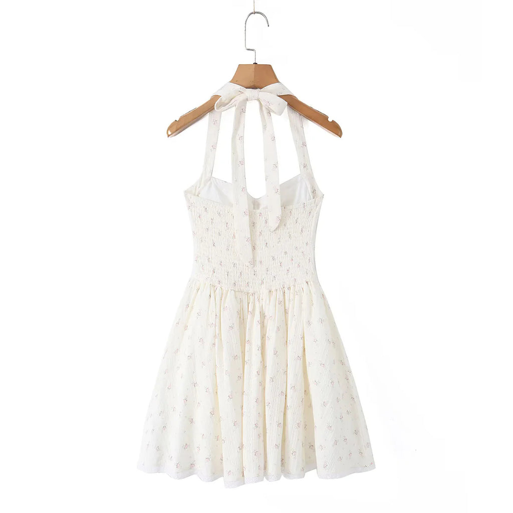Floral Halter Pleated Mini Dress for Women, A-Line