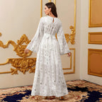 White Gold-Foil Maxi Dress, Long Sleeve
