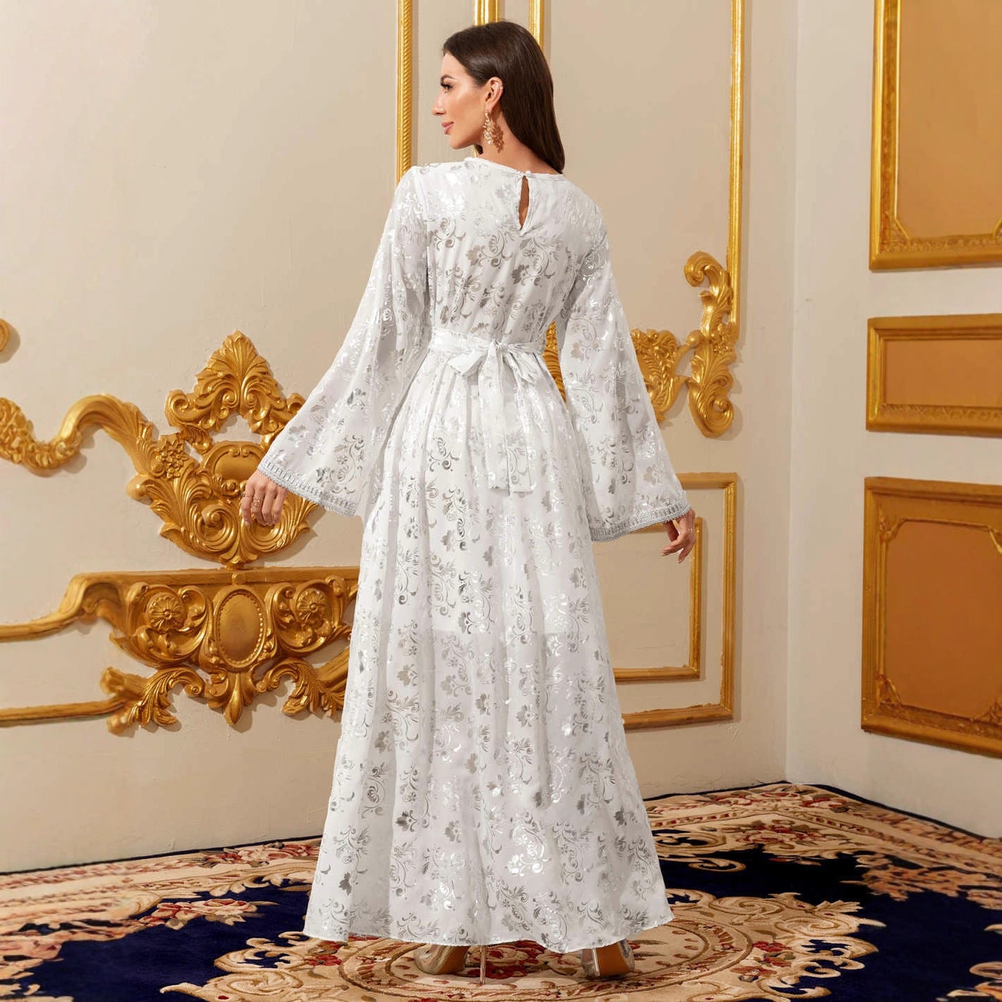 White Gold-Foil Maxi Dress, Long Sleeve