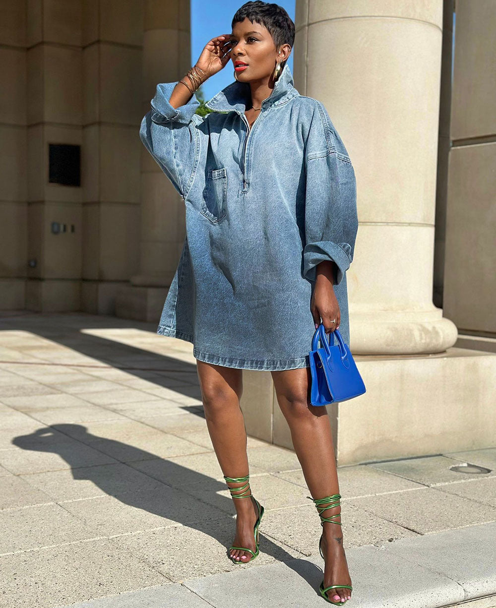 Turn-Down Collar Denim Dress